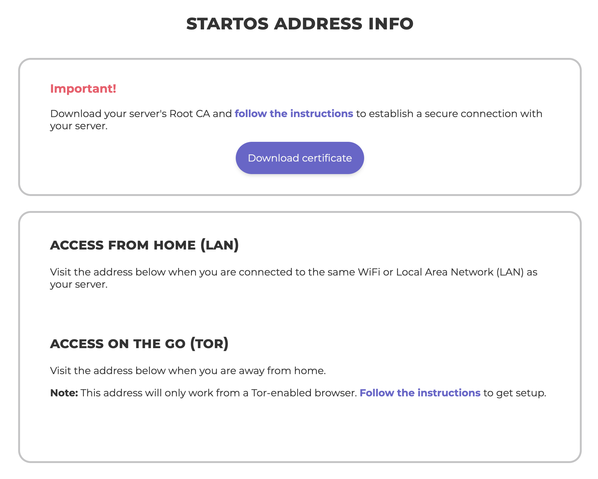 StartOS address info