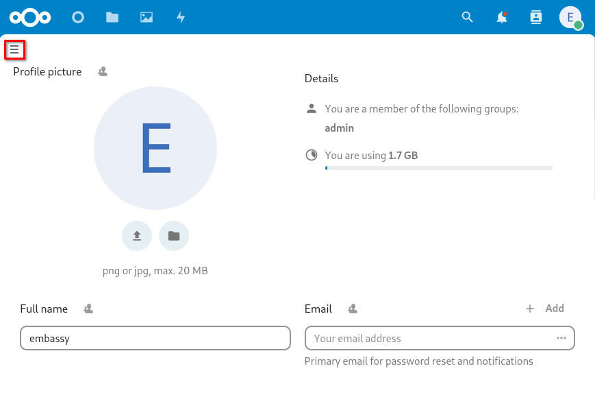 Nextcloud: Personal Settings > Hamburger menu