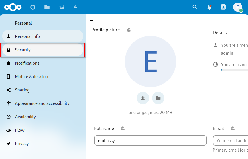 Nextcloud: Personal Settings > Security