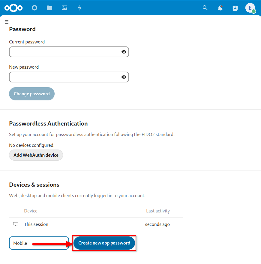 Nextcloud: Devices & sessions > Create new app password