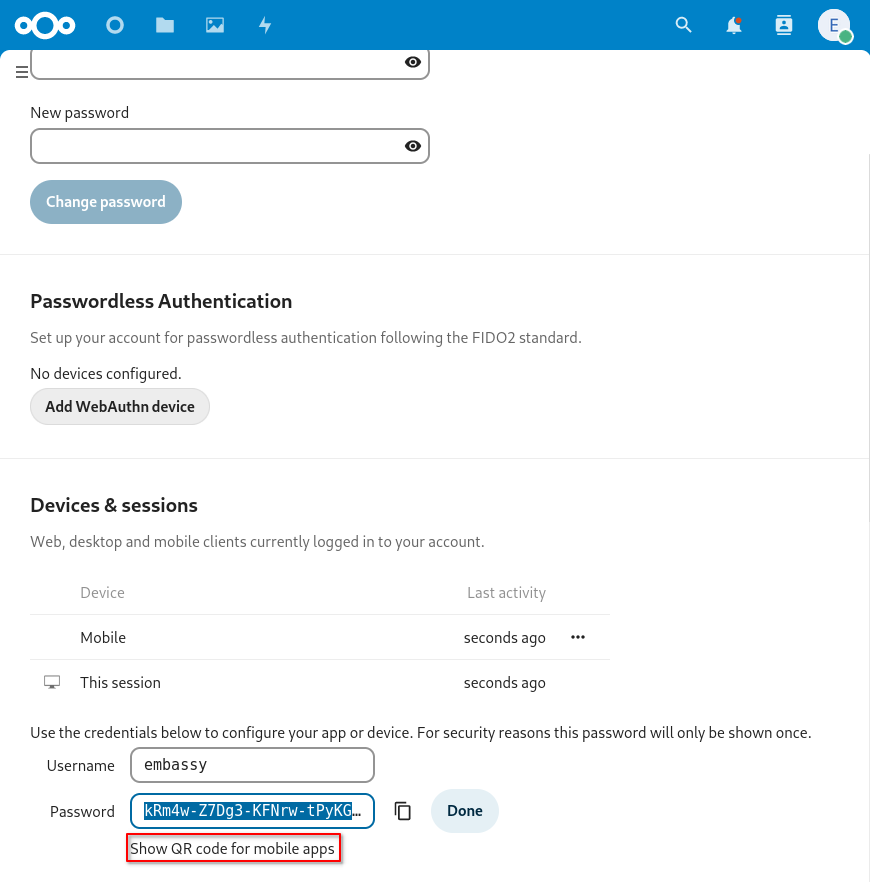 Nextcloud Show new session's QR code