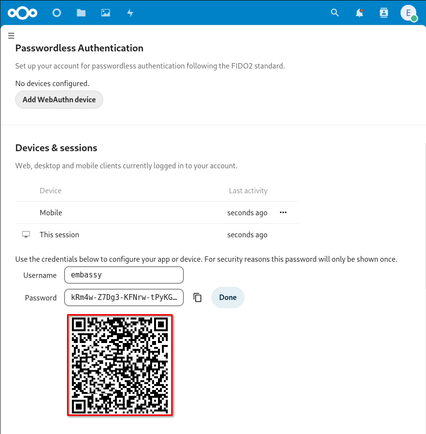 Nextcloud: New session's QR code is shown